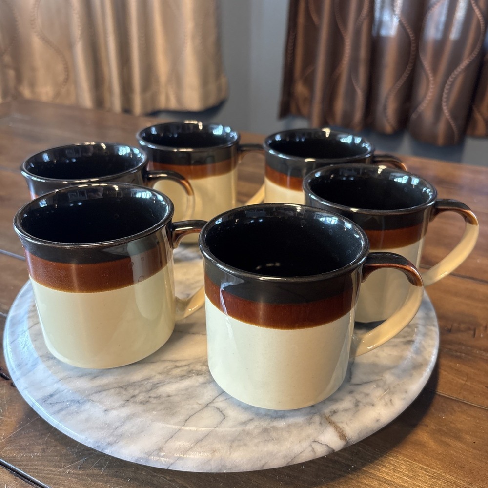 6pc VTG 1960s MCM McCoy Greystone Cream Speckled Brown Drip Glaze Mugs USA